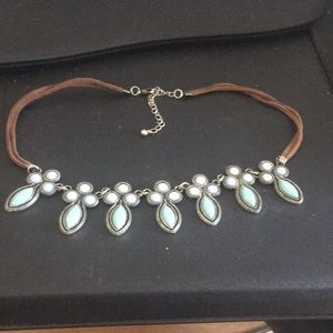 Necklace Blue and White Flowers on Leather Cord and Clasp with Extender